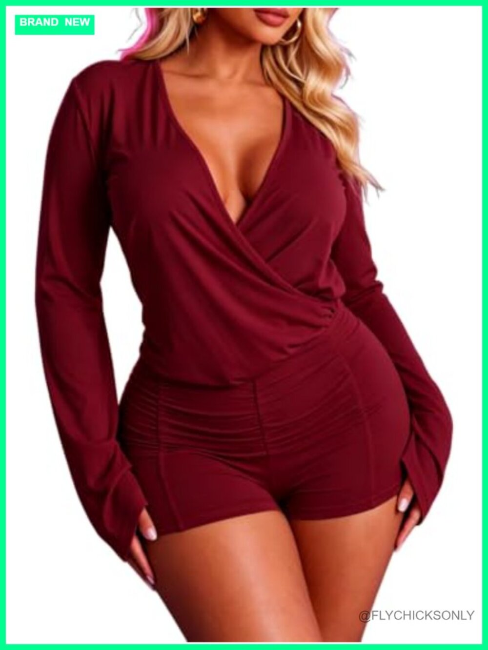 Women's Sexy V Neck Ruched Short Jumpsuit Long Sleeve Club Outfit